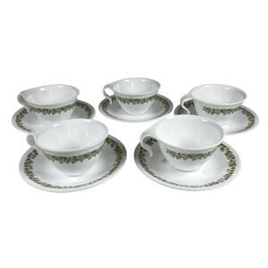 Corelle Lot of 5 Cups & Saucers Spring Blossom Green Crazy Daisy Coffee Tea Set